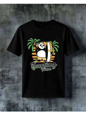 Comvicho Surfing Time Panda Baskılı Oversize Tişört
