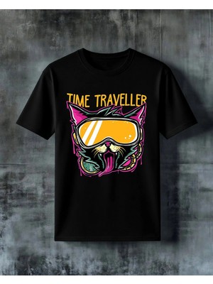 Comvicho Time Traveller Kedi Goggle Baskılı Oversize Tişört
