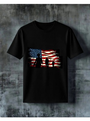 Comvicho Amerikan Bayragi Asker Siluet Baskılı Oversize Tişört