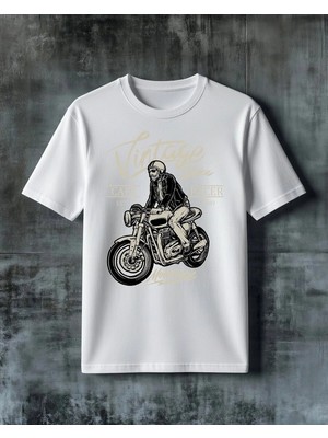 Comvicho Vintage Biker Cafe Racer Baskılı Oversize Tişört