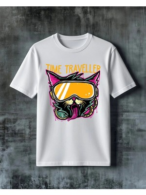 Comvicho Time Traveller Kedi Goggle Baskılı Oversize Tişört