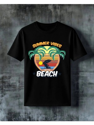 Comvicho Summer Vibes Beach Life Baskılı Oversize Tişört