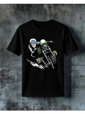Comvicho Motosiklet Aksiyon Baskılı Oversize Tişört