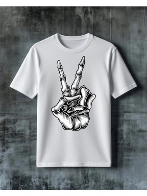 Comvicho Iskelet El Peace Isareti Baskılı Oversize Tişört
