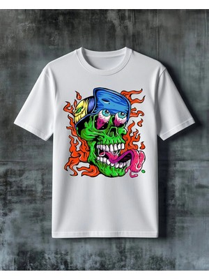 Comvicho Zombie Kafa Yangin Baskılı Oversize Tişört
