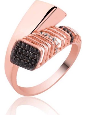 DMR Elegance Gümüş Rose Siyah Taşlı Bayan Yüzük