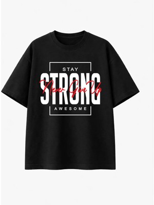 Comvicho Stay Strong Awesome Baskılı Siyah Tişört