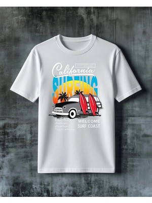 Comvicho Surfing Vintage Araba Baskılı Oversize Tişört