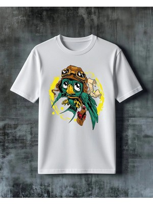 Comvicho Pilot Kusu Steampunk Baskılı Oversize Tişört
