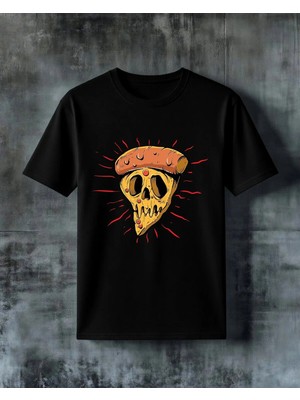 Comvicho Pizza Skull Kuru Kafa Baskılı Oversize Tişört