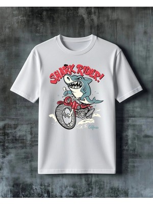 Comvicho Shark Rider Motosiklet Baskılı Oversize Tişört