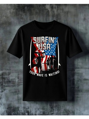 Comvicho Surfing Usa Amerikan Bayrak Baskılı Oversize Tişört