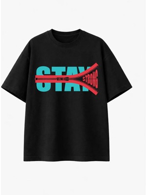 Comvicho Stay Strong Baskılı Siyah Tişört