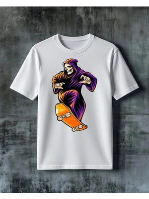 Comvicho Iskelet Skateboard 5 Baskılı Oversize Tişört