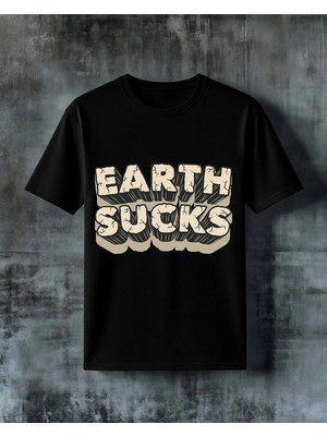 Comvicho Earth Sucks Tas Yazi Baskılı Oversize Tişört