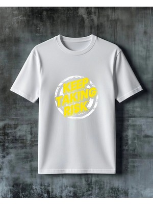 Comvicho Keep Taking Risk Sari Tasarim Baskılı Oversize Tişört