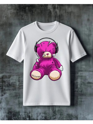Comvicho Magenta Ayici Kulaklik Baskılı Oversize Tişört