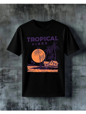 Comvicho Tropical Vibes Plaj Kulubesi Baskılı Oversize Tişört
