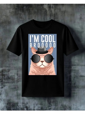 Comvicho Im Cool Broo Kedi Gozluk Baskılı Oversize Tişört