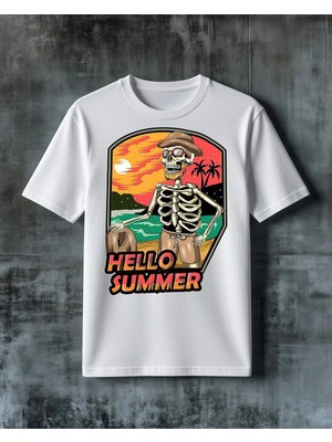 Comvicho Hello Summer Iskelet Plaj Baskılı Oversize Tişört