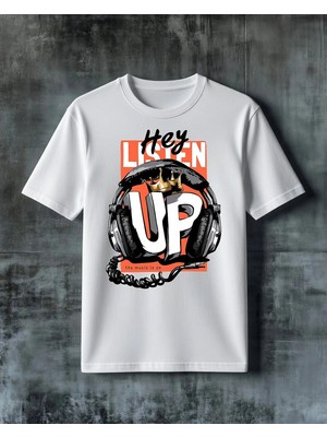Comvicho Hey Listen Up Kulaklik Baskılı Oversize Tişört