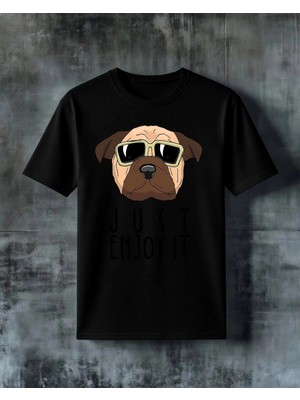 Comvicho Just Enjoy It Kopek Gozluk Baskılı Oversize Tişört