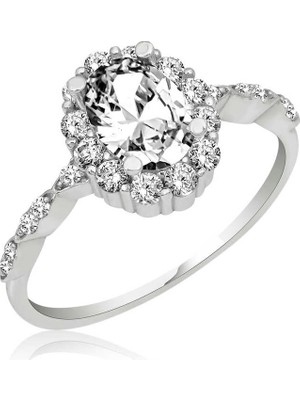 DMR Elegance Gümüş Beyaz Oval Taşlı Kadın Yüzük