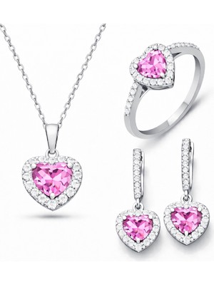 DMR Elegance Gümüş Pembe Taşlı Kalpli Kadın Set