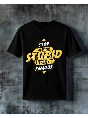 Comvicho Stop Stupid Sari Siyah Baskılı Oversize Tişört