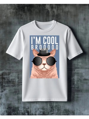 Comvicho Im Cool Broo Kedi Gozluk Baskılı Oversize Tişört