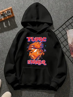Comvicho Tupac V5 Baskılı Kapşonlu Siyah Sweatshirt