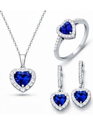 DMR Elegance Gümüş Mavi Taşlı Kalpli Kadın Set