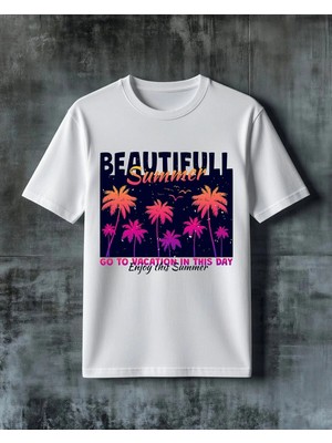 Comvicho Beautiful Summer Yaz Tatili Baskılı Oversize Tişört