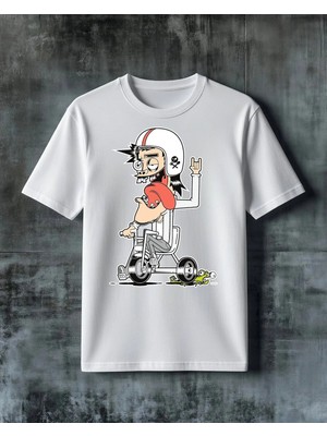Comvicho Rock Stil Bisiklet Baskılı Oversize Tişört