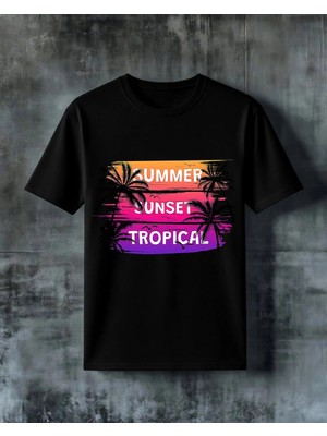 Comvicho Summer Sunset Tropical Baskılı Oversize Tişört