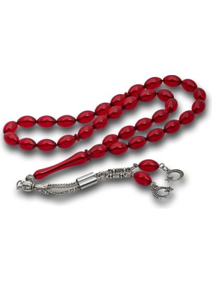DMR Elegance Metal Püsküllü Kırmızı Sıkma Kehribar Tesbih