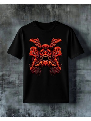Comvicho Samurai Maske Kirmizi Baskılı Oversize Tişört
