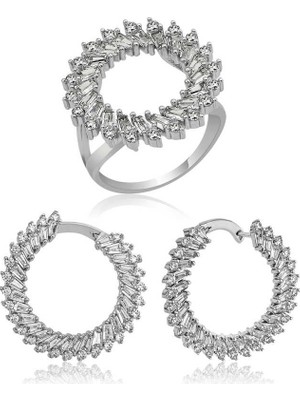DMR Elegance Gümüş Trapez Taşlı Bayan Set