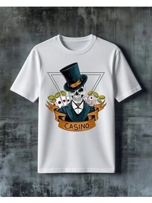 Comvicho Casino Iskelet Siyah Baskılı Oversize Tişört