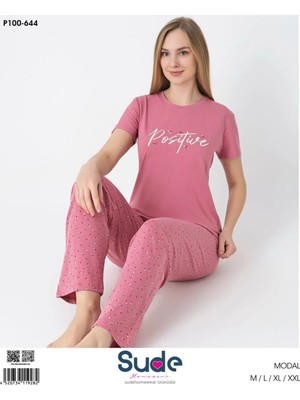 Sude Bayan Modal Sıfıryaka Yarımkol Pijama Takımı-Pudra-L