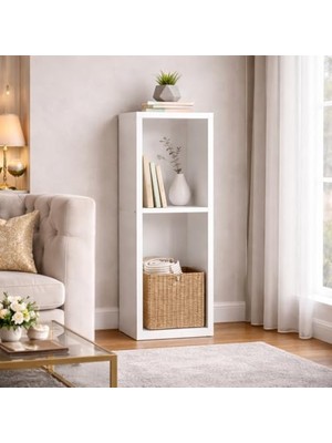 Esranın Dünyası Pıkas Modern Minimalist 2 Raflı Dekoratif Kitaplık ve Yan Sehpa – Beyaz, Dikey Tasarım