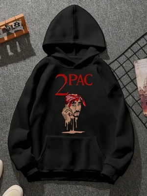 Comvicho Tupac V25 Baskılı Kapşonlu Siyah Sweatshirt