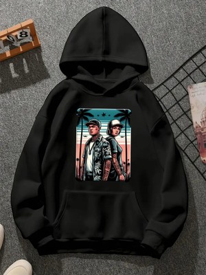 Comvicho Carcazagta Baskılı Kapşonlu Siyah Sweatshirt