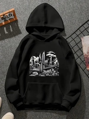 Comvicho CITTY006 Baskılı Kapşonlu Siyah Sweatshirt