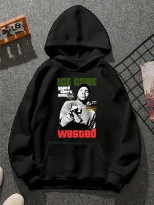 Comvicho Ice Cube V9 Baskılı Kapşonlu Siyah Sweatshirt