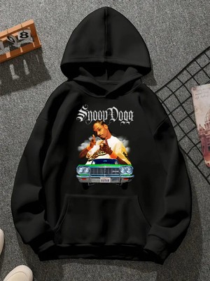 Comvicho Snoop Dogg V12 Baskılı Kapşonlu Siyah Sweatshirt