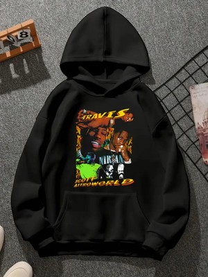Comvicho Travıs Scott V9 Baskılı Kapşonlu Siyah Sweatshirt