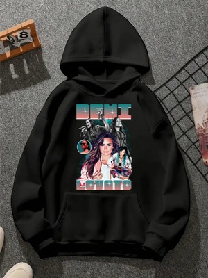 Comvicho Demı Lovato V1 Baskılı Kapşonlu Siyah Sweatshirt