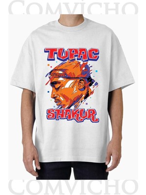 Comvicho Unisex Tupac V5 Tasarım Baskılı Oversize Tişört