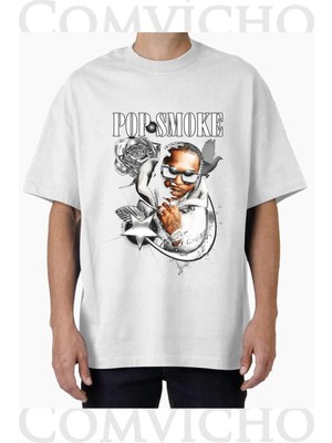 Comvicho Unisex Pop Smoke V6 Tasarım Baskılı Oversize Tişört